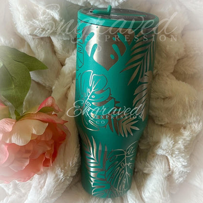 Engraved Hydrojug Traveler – Tropical Summer Drinkware With Monstera Leaf Design