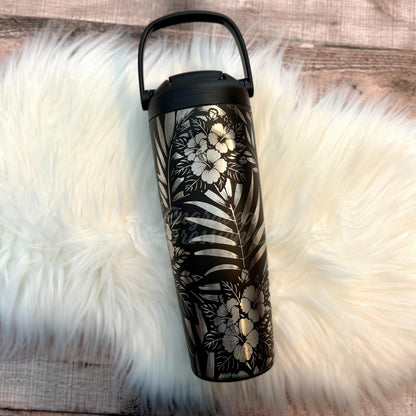 Engraved Owala Bottle | Laser Engraved Water Bottle With Tropical Hibiscus Design