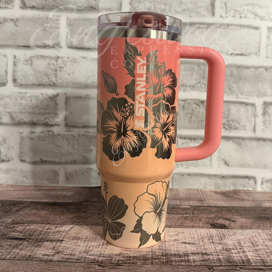 Stanley Engraved Tumbler - Pink Mesa Sunset Hibiscus Flower Design | Vacuum Insulated