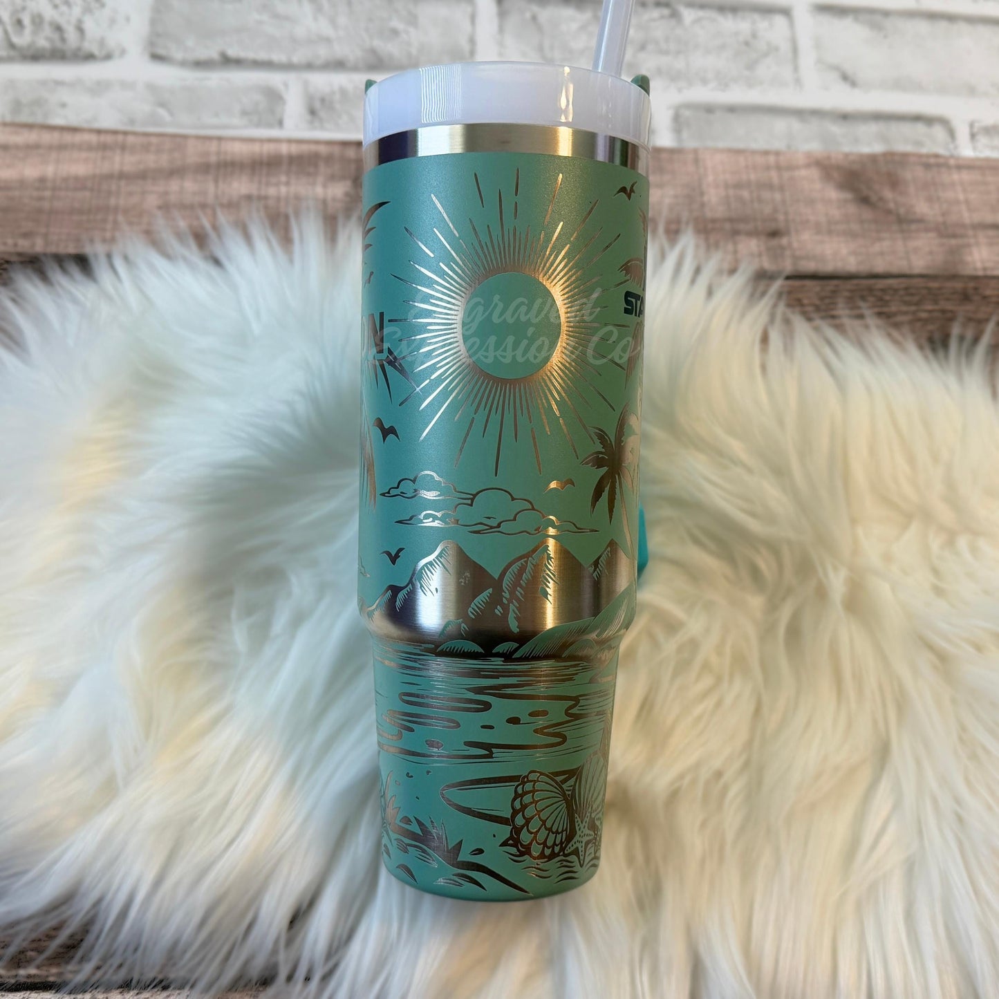 Stanley Quencher Tumbler | 40oz Vacuum Insulated Cup With Laser Engraved Tropical Palm Tree