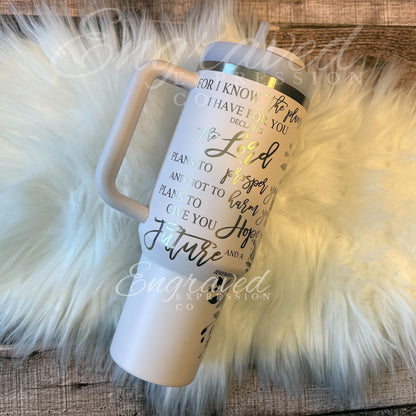 Engraved Stanley Tumbler | Rose Quartz Vacuum Insulated Cup With Jeremiah 29 11 Quote