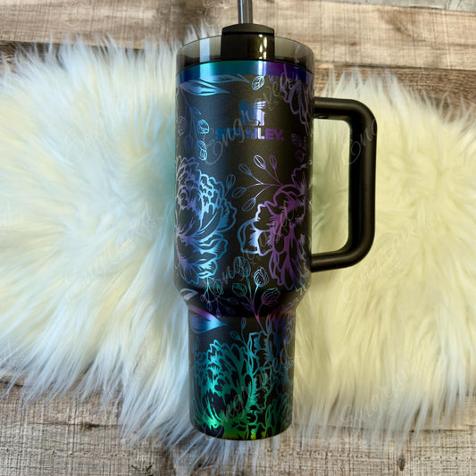 Stanley Black Chroma Engraved Tumbler – Peony Floral Design, Vacuum Insulated Drinkware