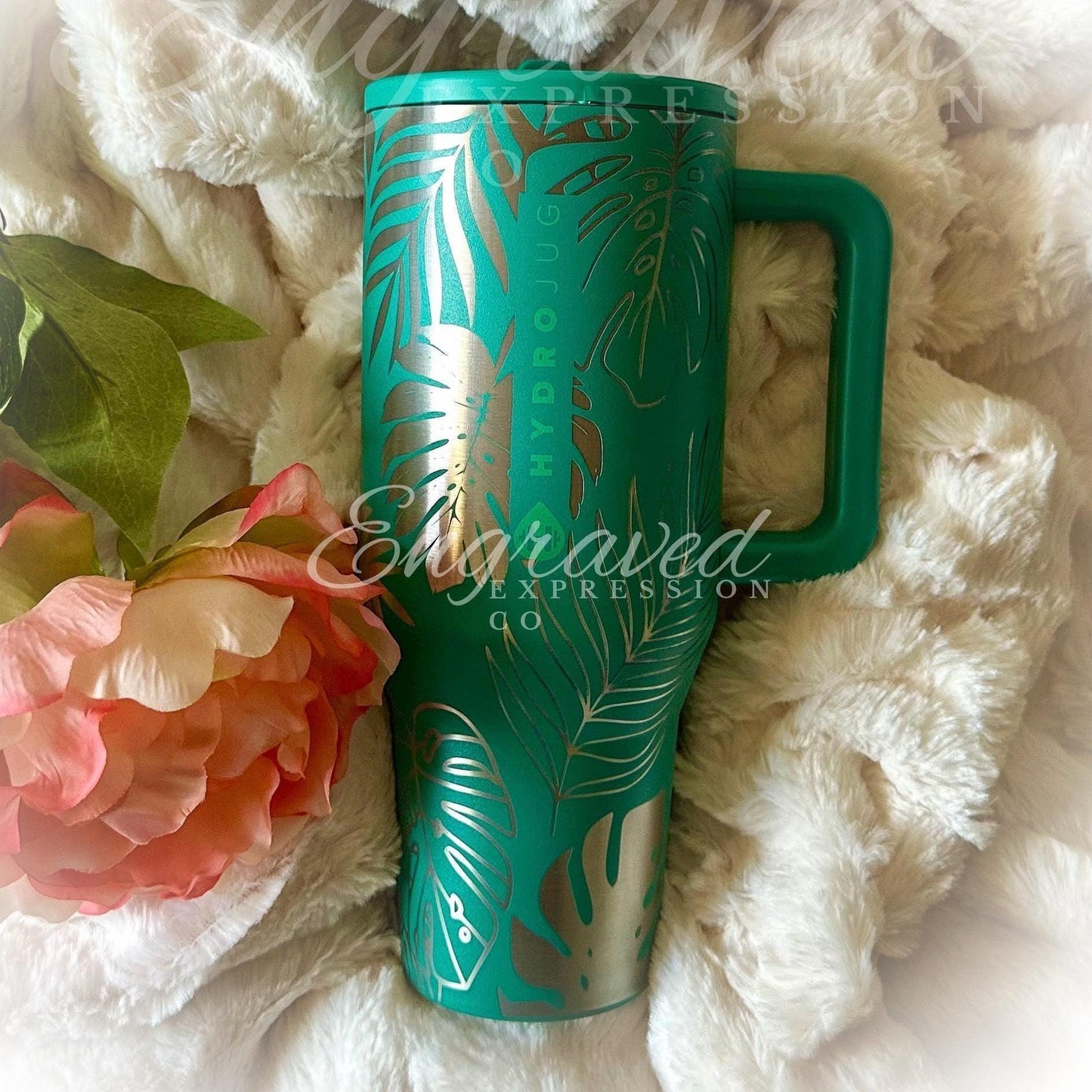 Engraved Hydrojug Traveler – Tropical Summer Drinkware With Monstera Leaf Design