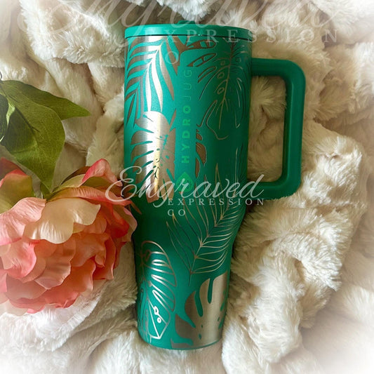 Engraved Hydrojug Traveler – Tropical Summer Drinkware With Monstera Leaf Design
