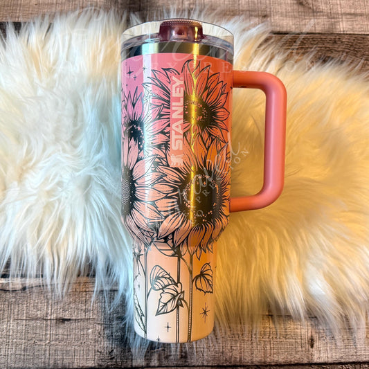 Stanley Quencher Tumbler – Engraved Stainless Steel Pink Mesa Sunset Sunflower Design
