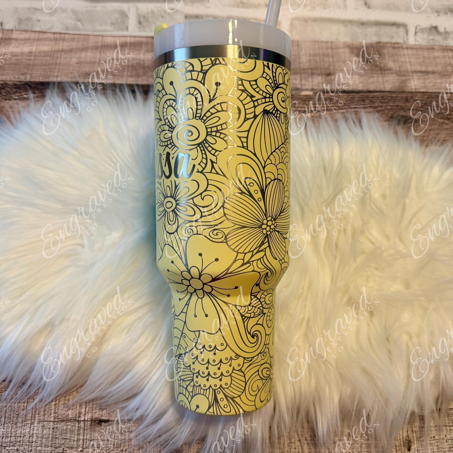 Engraved Stanley Quencher | Personalized Laser Tumbler with Full Wrap Floral Etched Design 30oz 40oz