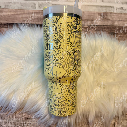 Engraved Stanley Quencher | Personalized Laser Tumbler with Full Wrap Floral Etched Design 30oz 40oz