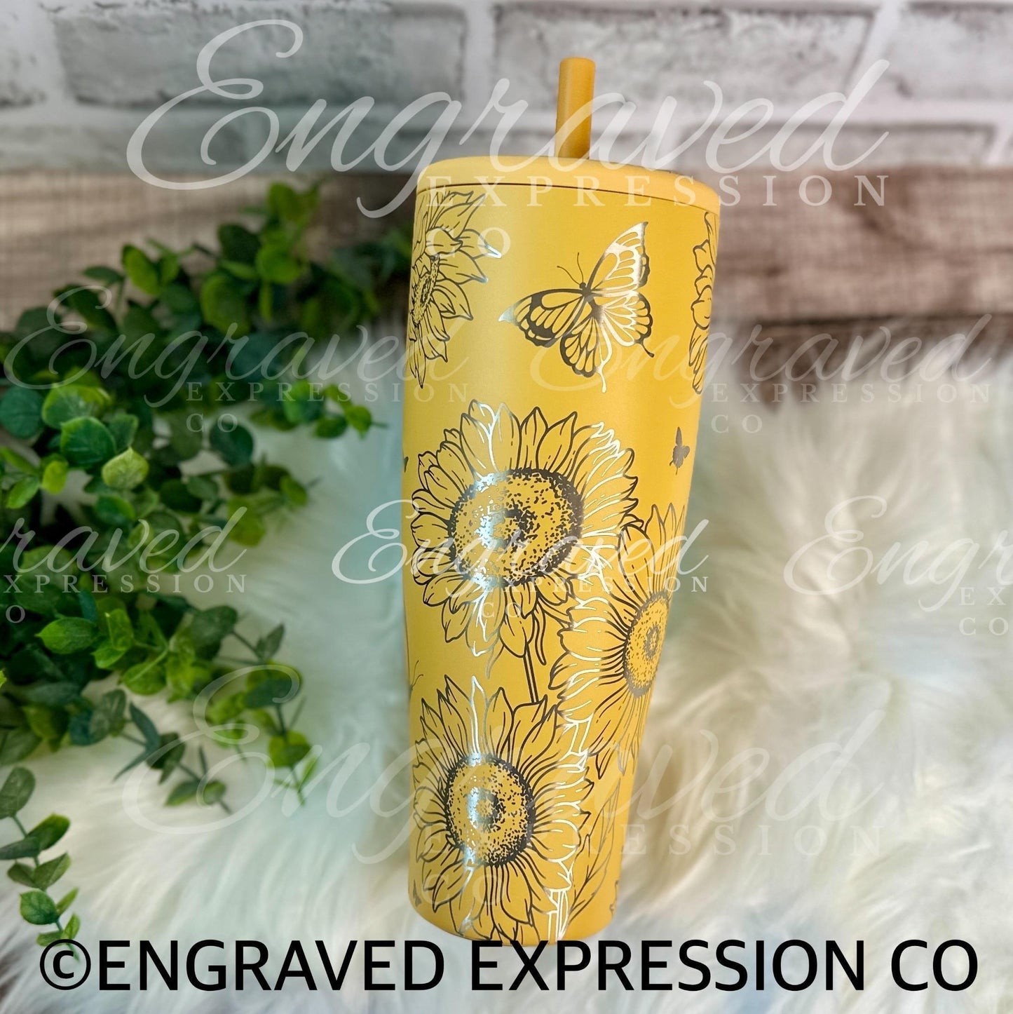 Engraved Brumate Tumbler – Custom Floral Sunflower & Butterfly Etched Yellow Drinkware