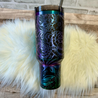 Engraved Stanley Tumbler – Custom Peony Floral Design | Vacuum Insulated Cup