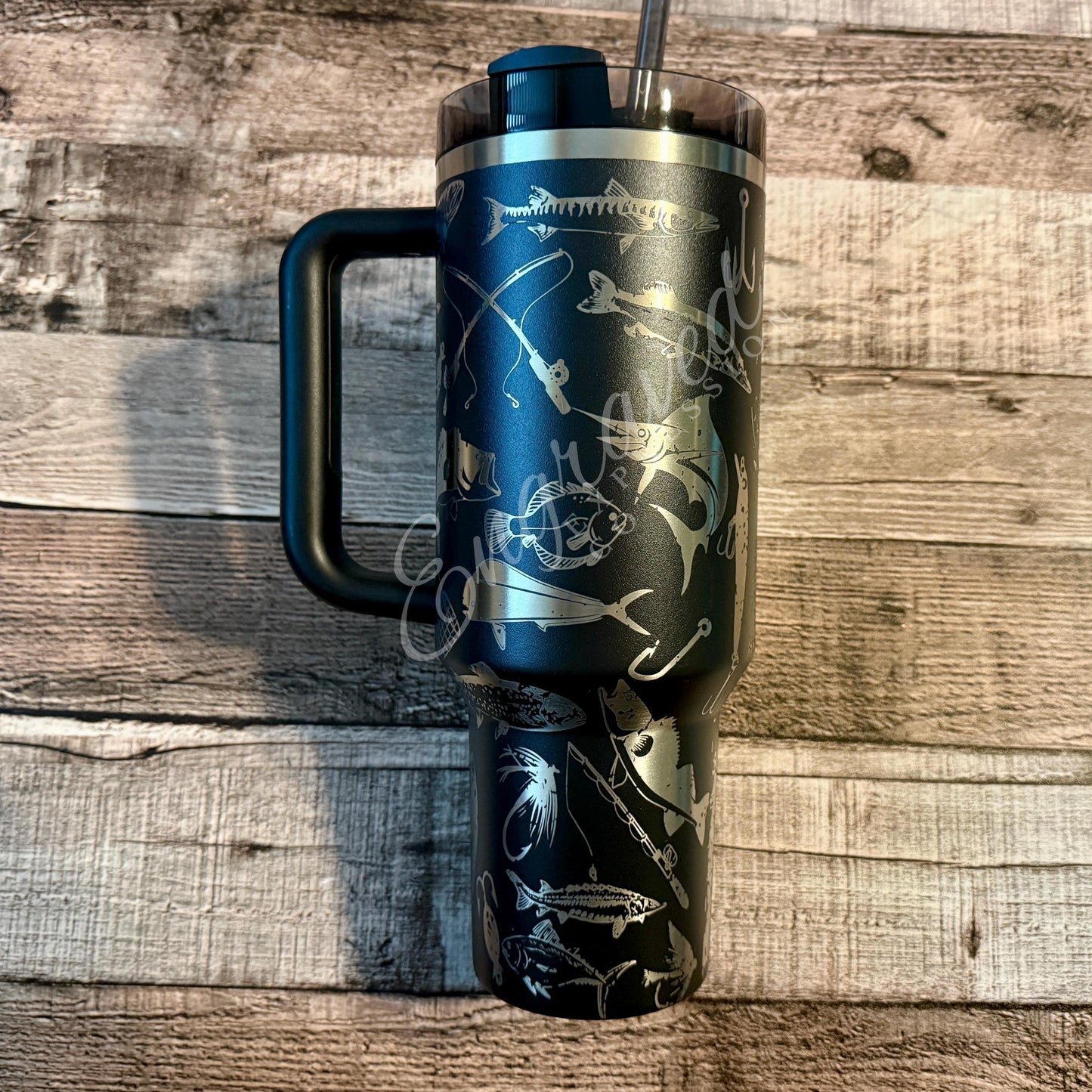 Engraved Stanley Tumbler - Vacuum Insulated Stainless Steel Travel Mug With Fishing Design