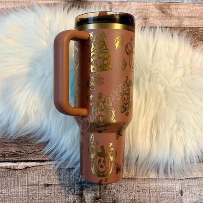 Mocha Latte Stanley Tumbler - Custom Engraved Autumn Pumpkin Cup | Double Wall Stainless Steel