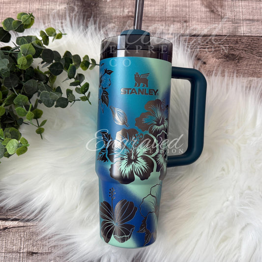 Stanley Quencher Tumbler | Laser Engraved Coastal Teal Tumbler With Hibiscus Design