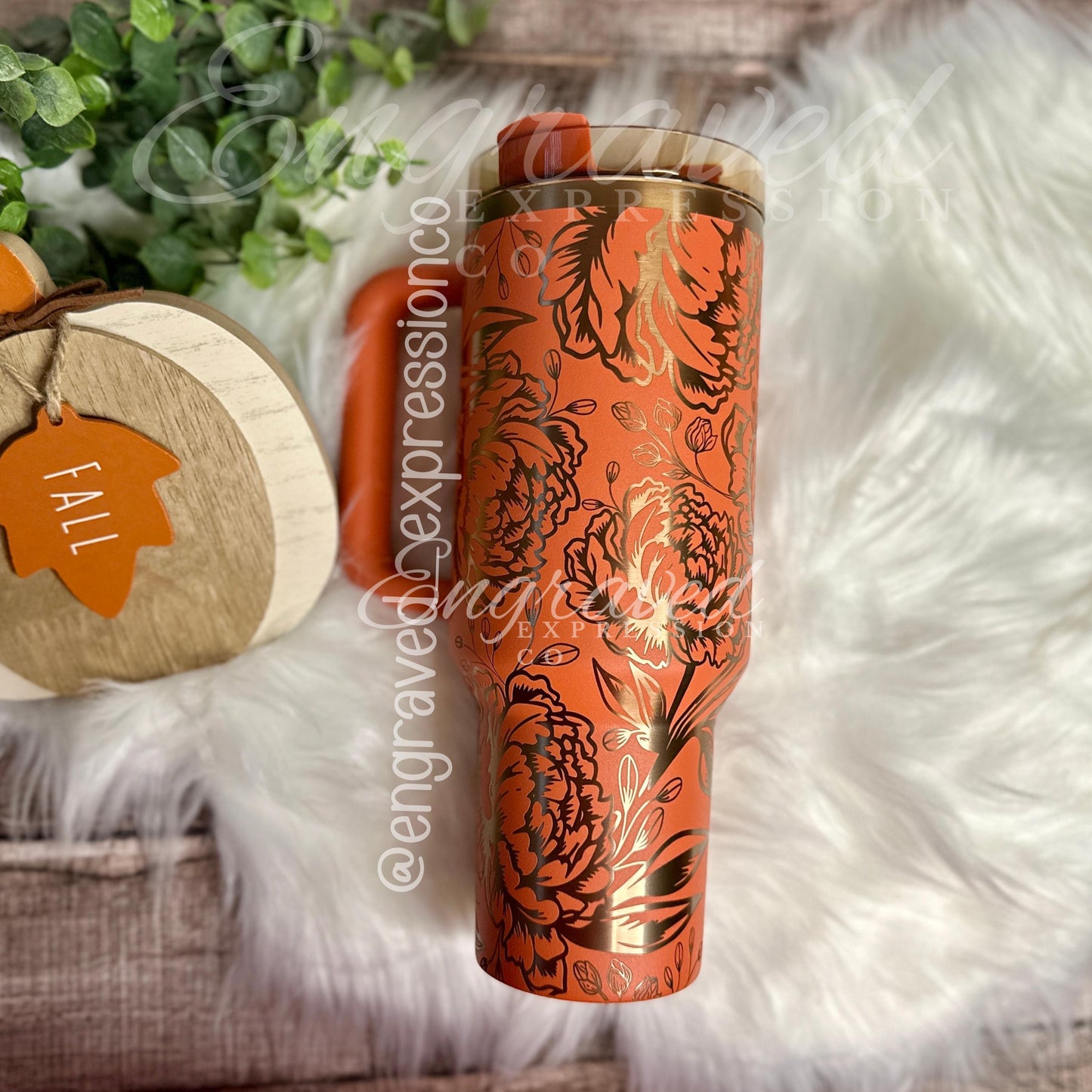 Stanley Quencher Tumbler - Insulated Stainless Steel Pumpkin Spice Cup With Peony Flower Design