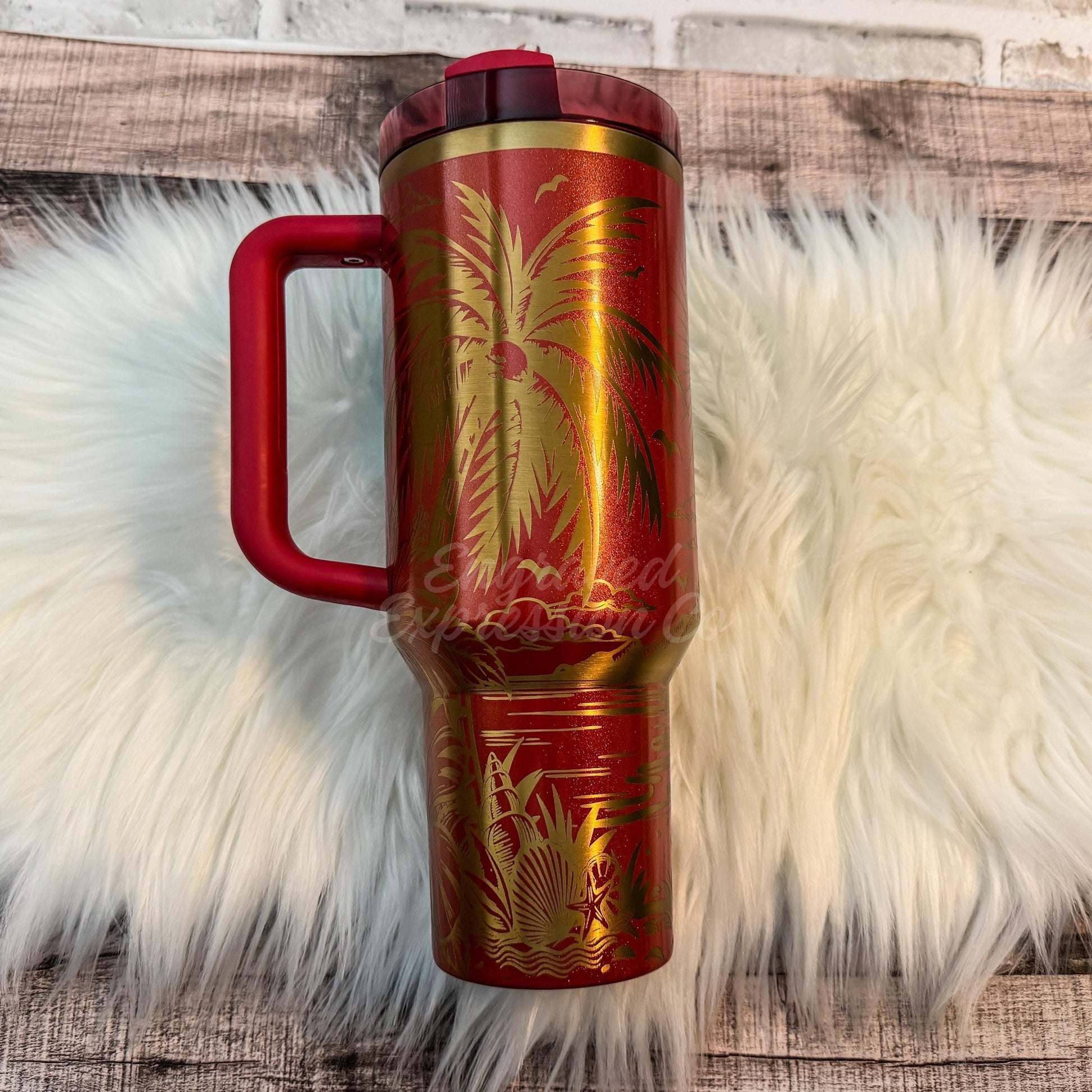 Laser Engraved Stanley Quencher Tumbler, Scarlett Tinsel Stanley Cup, Tropical Beach Stanley Custom Gift for Ocean Lover, EngravedExpressionCo