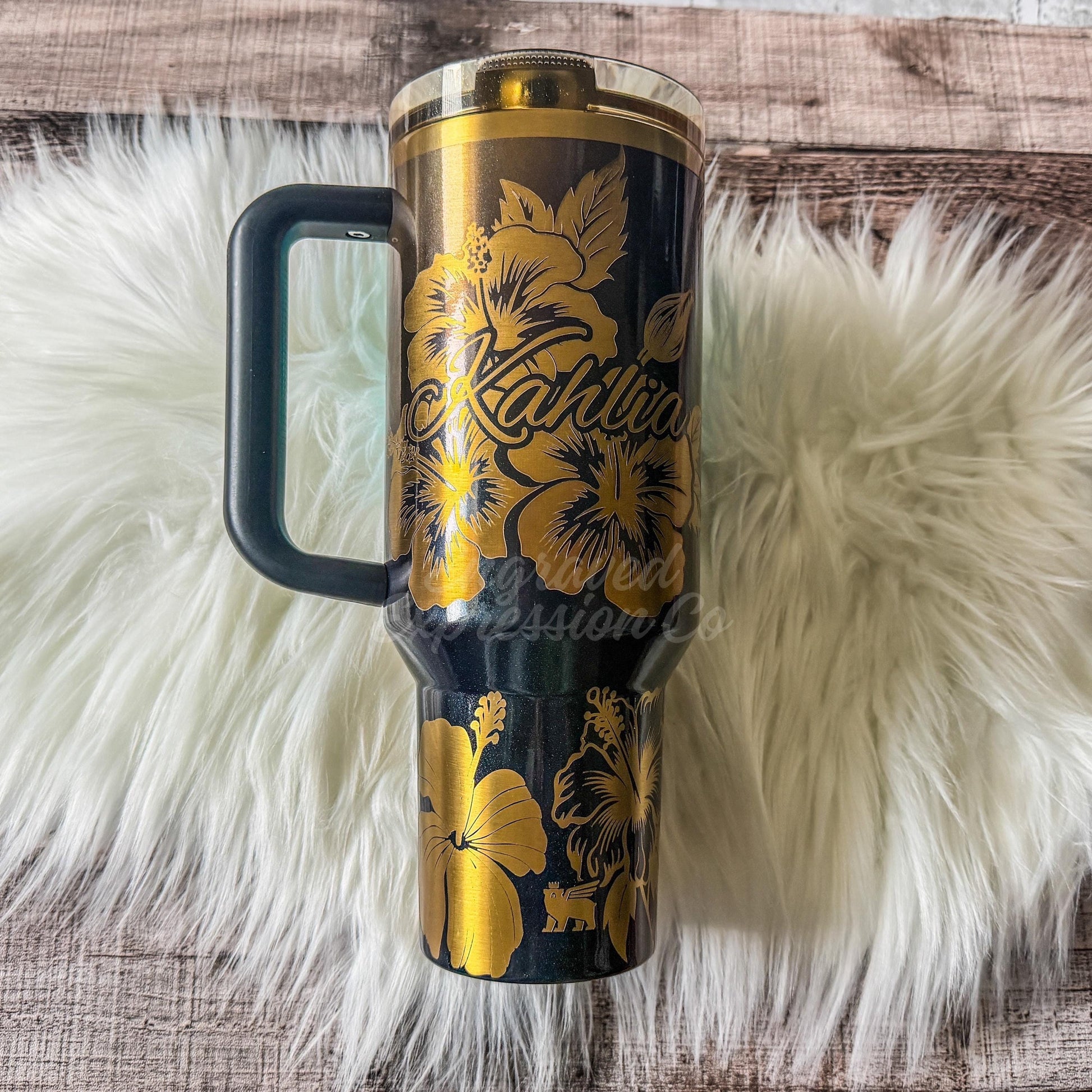 Engraved Black Honey Stanley Tumbler, Hibiscus Stanley Ptotour, Personalized Tropical Floral Stanley Black Honey Cup Collector Gift, EngravedExpressionCo