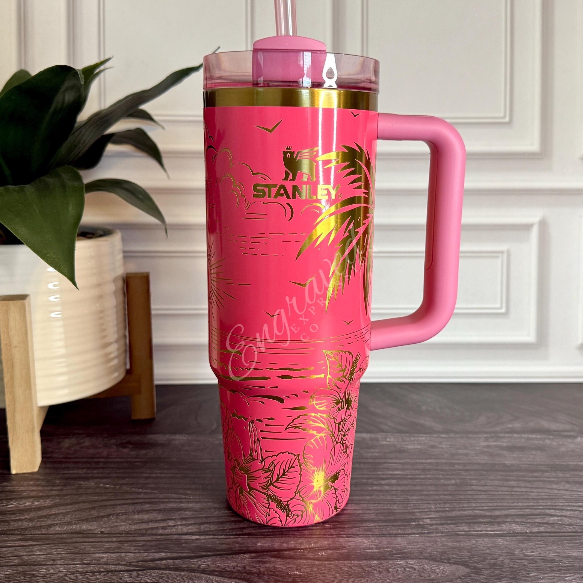 Laser Engraved Stanley Tumbler: Limited Edition Pink Parade Sunset Beach Design, EngravedExpressionCo