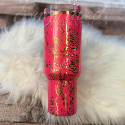 Engraved Stanley Tumbler Pink Parade Laser Stanley Pink Parade Etched Roses Custom Tumbler Graduation Gift Pink Parade Stanley Cup Gift, EngravedExpressionCo