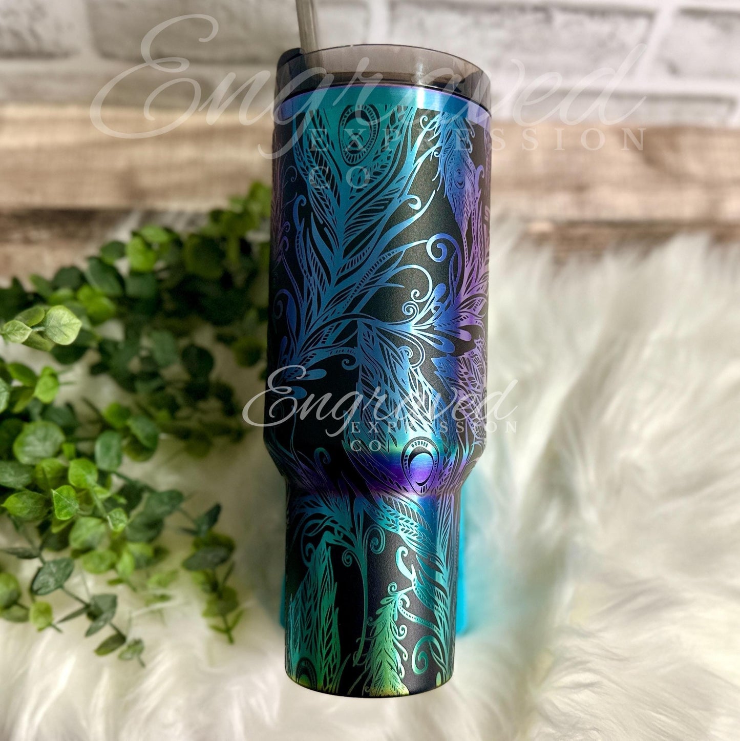 Engraved Stanley Tumbler: Black Chroma Peacock Feather Design, EngravedExpressionCo