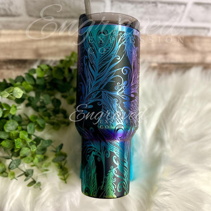 Engraved Stanley Tumbler: Black Chroma Peacock Feather Design, EngravedExpressionCo