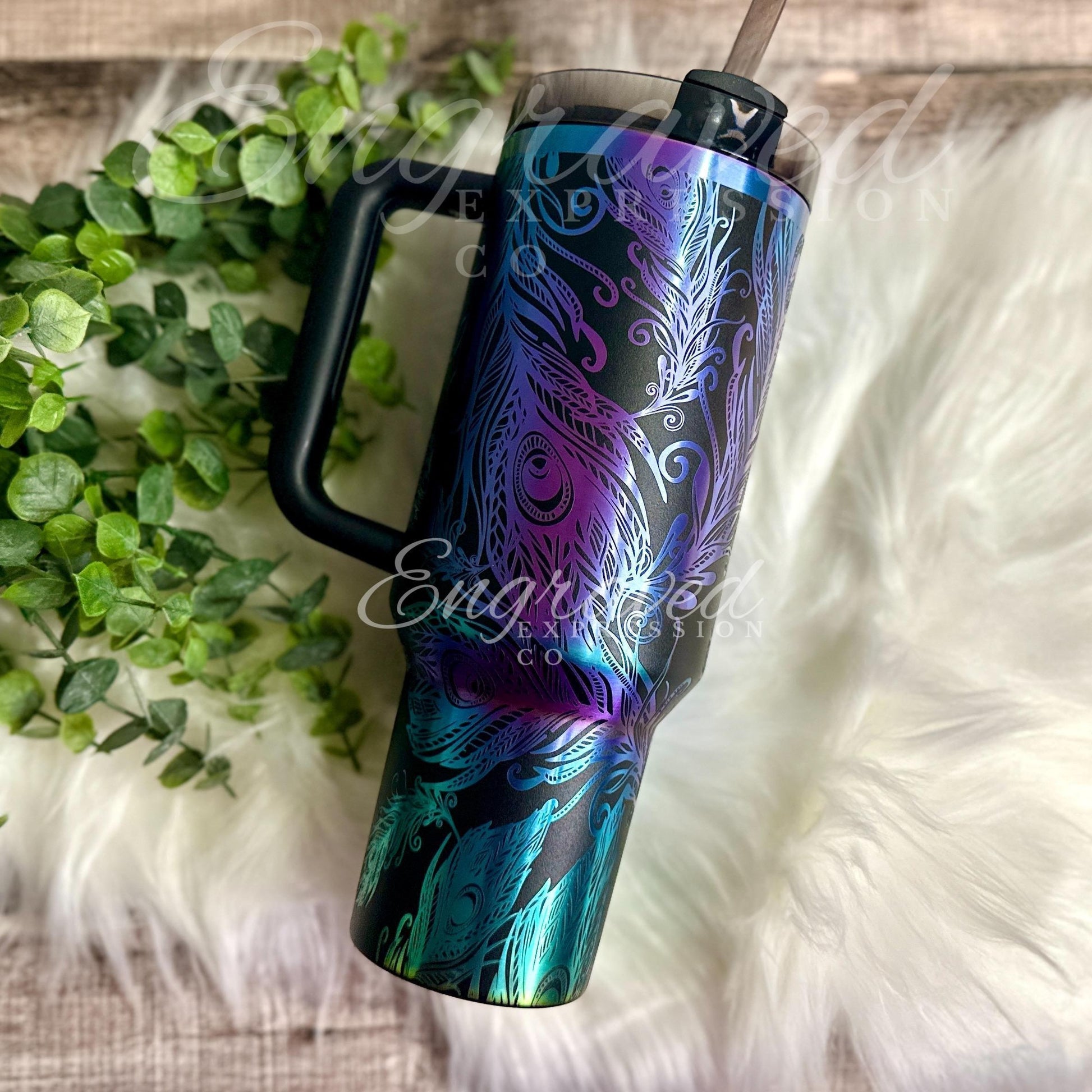 Engraved Stanley Tumbler: Black Chroma Peacock Feather Design, EngravedExpressionCo
