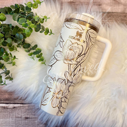 Laser Engraved Floral Stanley Quencher Tumbler - Magnolia Stanley Drinkware - Cream Moon Custom Cup, EngravedExpressionCo
