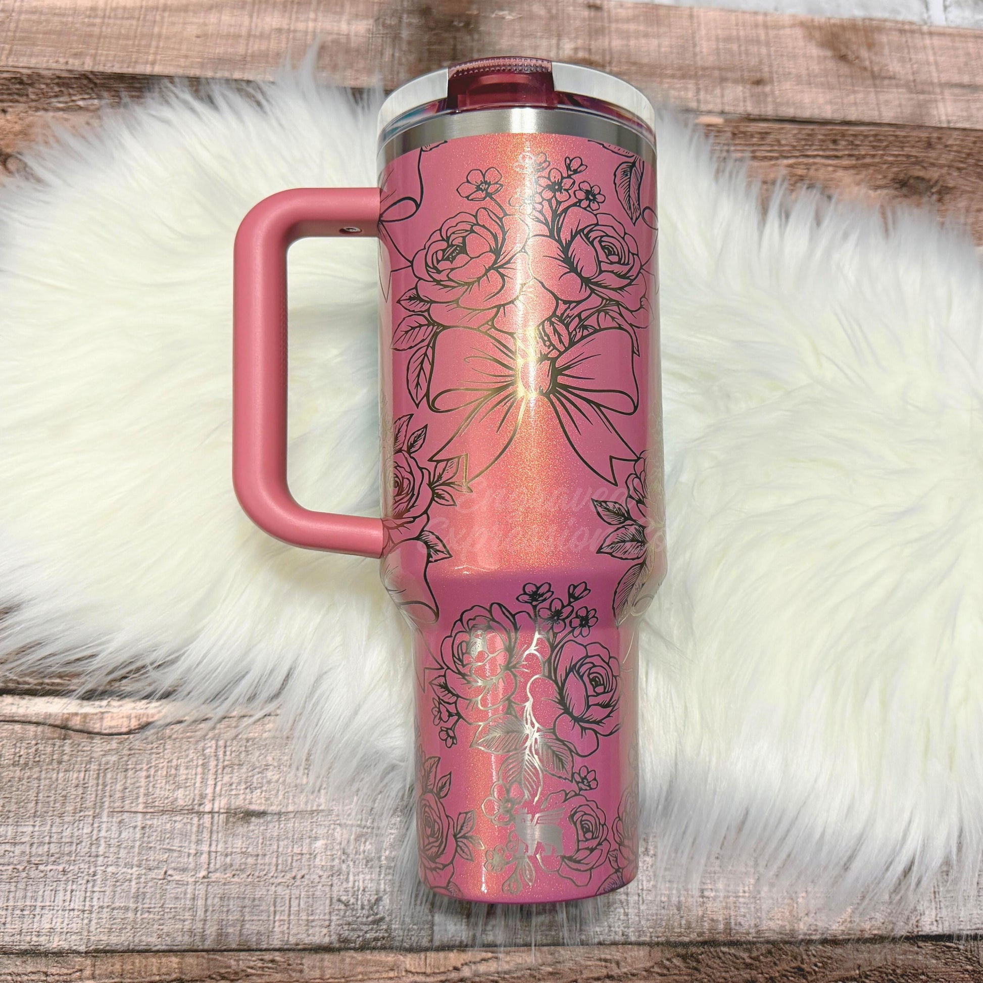 Laser Engraved Stanley Tumbler Port Shimmer, Flower Stanley Protour, Coquette Bow Personalized Stanley Pink Cup, EngravedExpressionCo