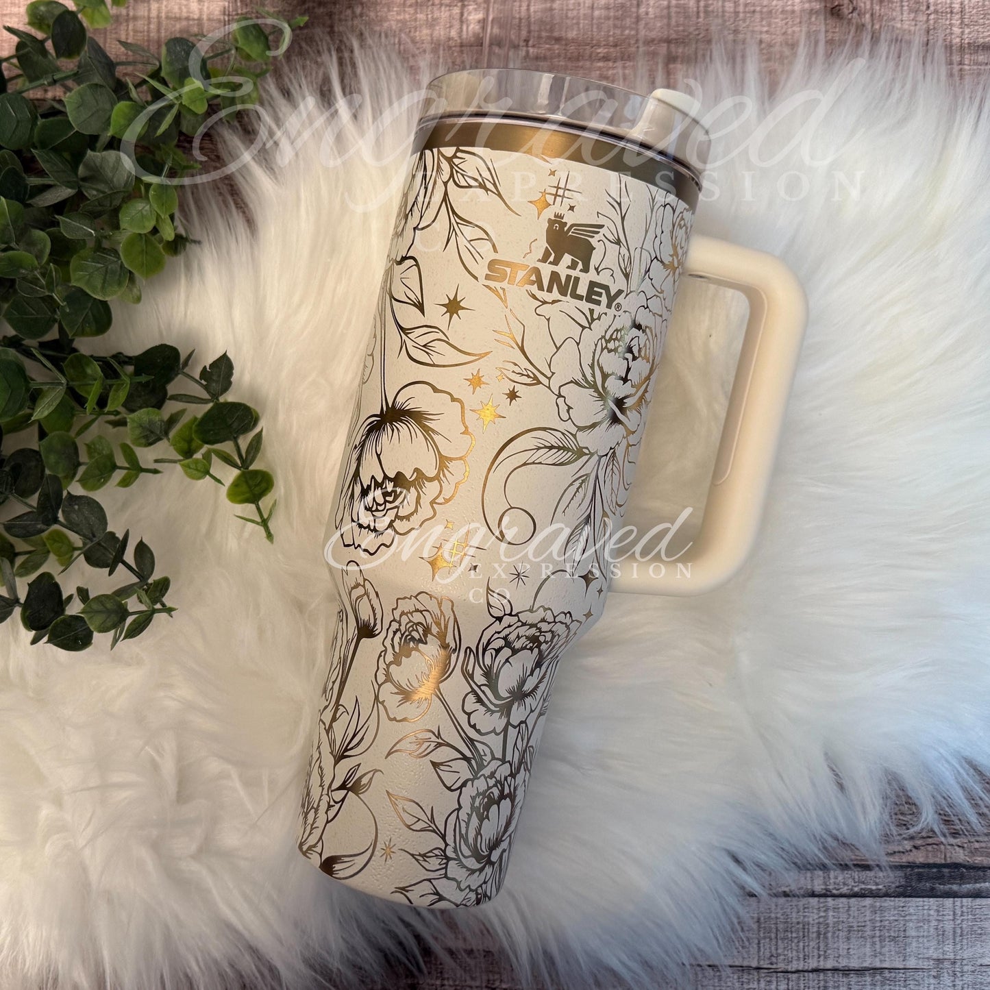 Laser Etched Peony Floral Stanley Quencher Tumbler - Cream Moon Drinkware, EngravedExpressionCo