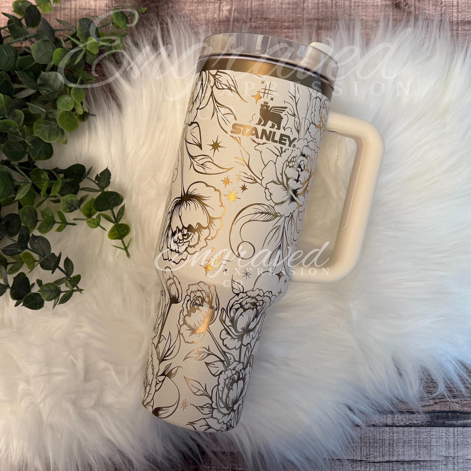 Laser Etched Peony Floral Stanley Quencher Tumbler - Cream Moon Drinkware, EngravedExpressionCo