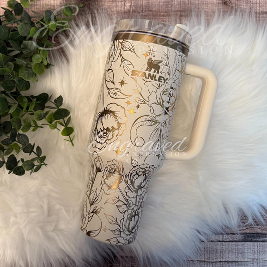 Laser Etched Peony Floral Stanley Quencher Tumbler - Cream Moon Drinkware, EngravedExpressionCo