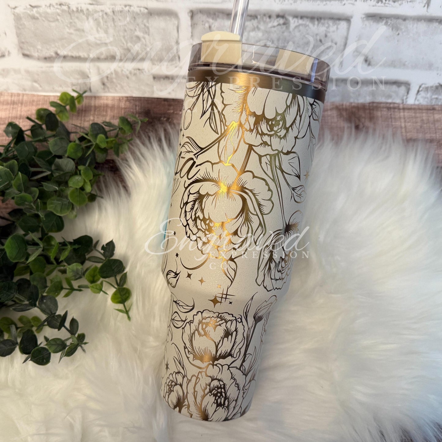 Laser Etched Peony Floral Stanley Quencher Tumbler - Cream Moon Drinkware, EngravedExpressionCo