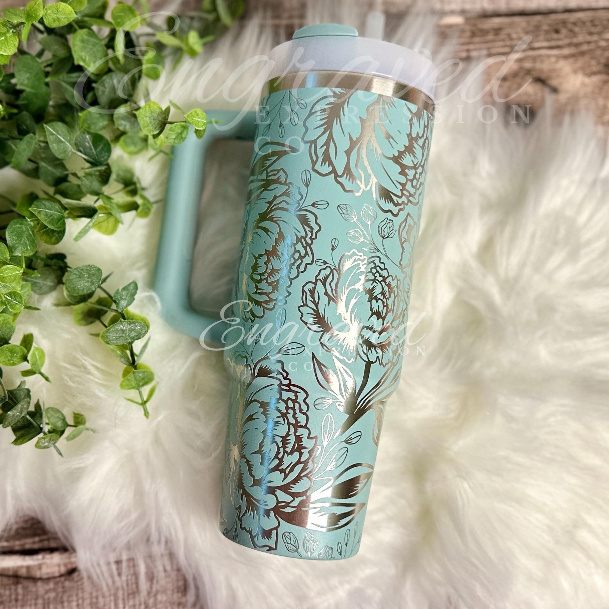 Engraved Stanley Quencher: Seafoam Peony Floral Etched Tumbler, EngravedExpressionCo