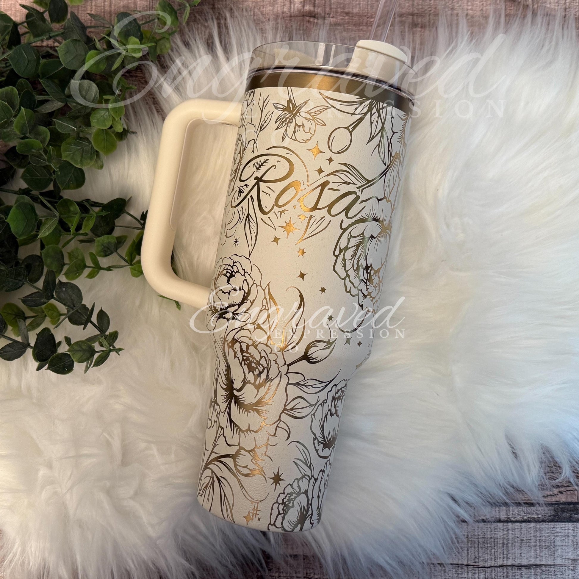 Laser Etched Peony Floral Stanley Quencher Tumbler - Cream Moon Drinkware, EngravedExpressionCo