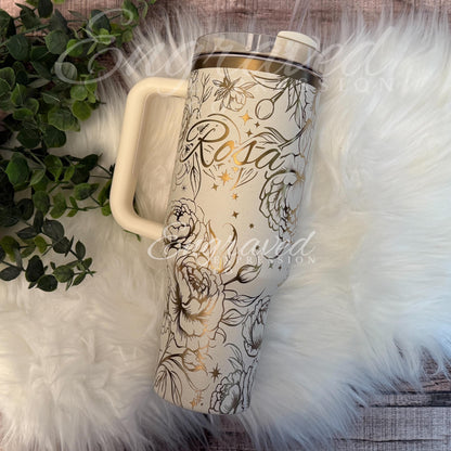 Laser Etched Peony Floral Stanley Quencher Tumbler - Cream Moon Drinkware, EngravedExpressionCo