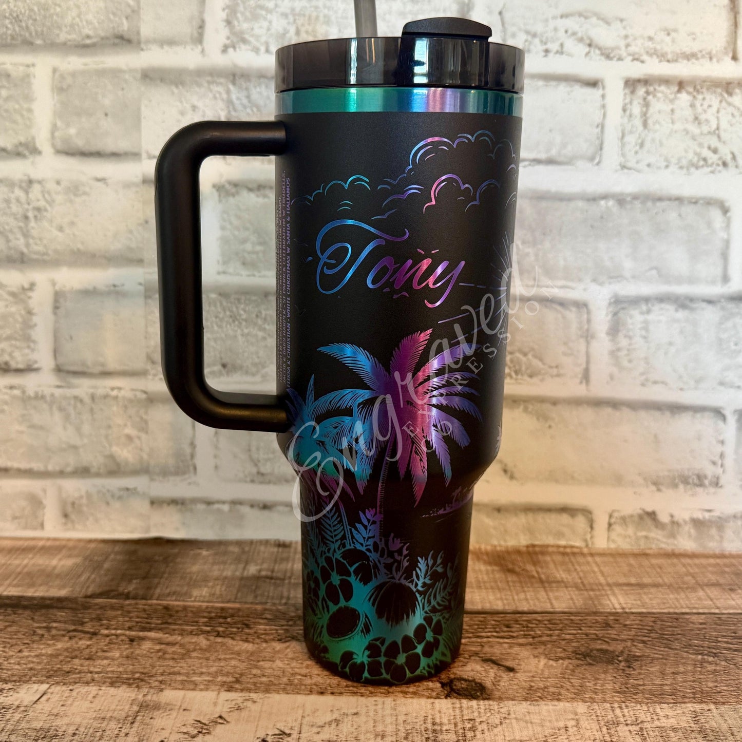 Engraved Stanley Tumbler Black Chroma, Tropical Beach Engraving, Summer Stanley Cup, Travel Accessory, EngravedExpressionCo