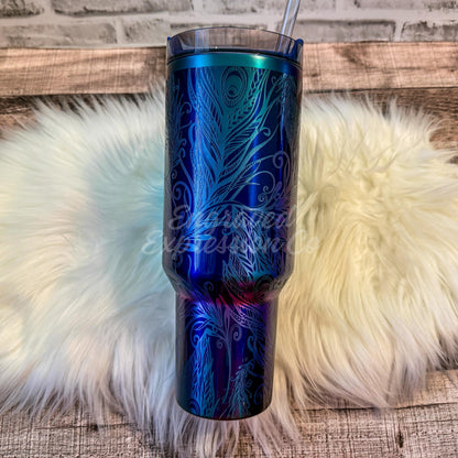 Engraved Stanley Quencher Star Shine | Peacock Feather Stanley Tumbler | Personalized Feather Design | Custom Star Shine Stanley Cup, EngravedExpressionCo