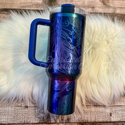 Engraved Stanley Quencher Star Shine | Peacock Feather Stanley Tumbler | Personalized Feather Design | Custom Star Shine Stanley Cup, EngravedExpressionCo