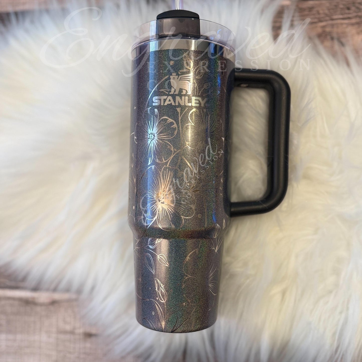 Engraved Stanley Tumbler Midnight Glitz: Boho Flower Design, EngravedExpressionCo
