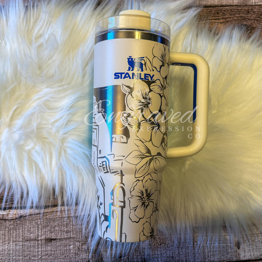 Engraved Stanley Tumbler: Santorini Greece Design, Royal Cream Quencher, EngravedExpressionCo