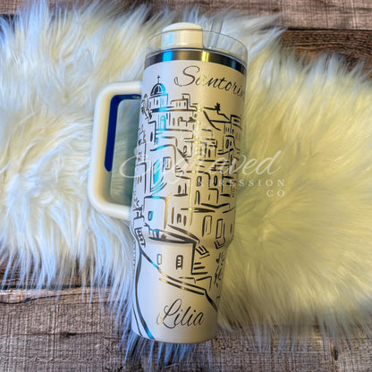 Engraved Stanley Tumbler: Santorini Greece Design, Royal Cream Quencher, EngravedExpressionCo