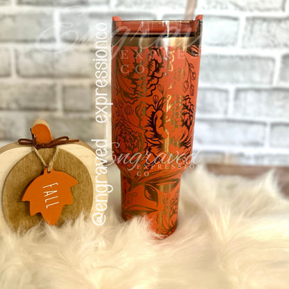 Engraved Stanley Quencher: Pumpkin Spice Peony Flowers Tumbler, EngravedExpressionCo