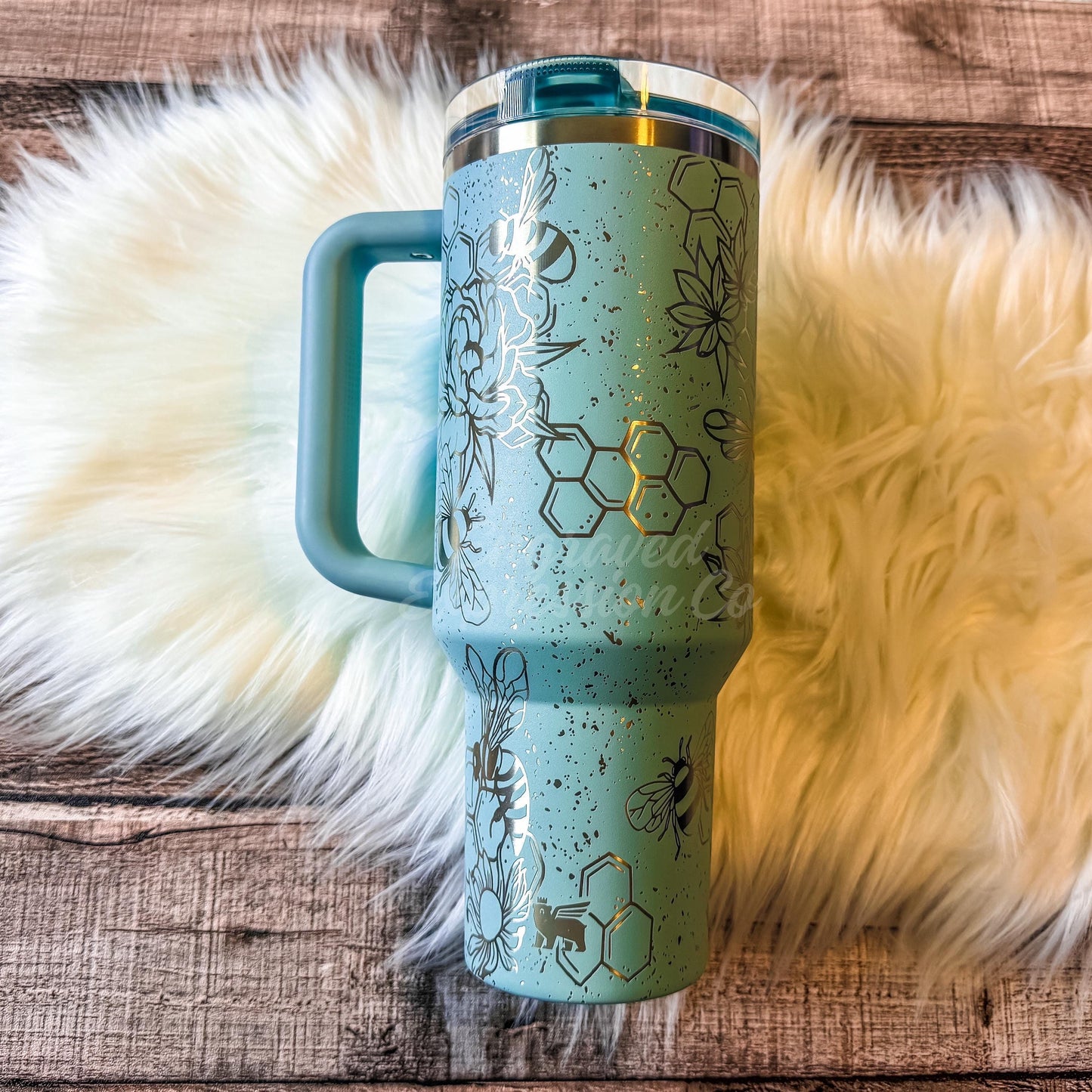 Engraved Stanley Tumbler, Custom Seafoam Protour Tumbler, Honey bee Floral Stanley Cup, Personalized Stanley Bee Drinkware, EngravedExpressionCo
