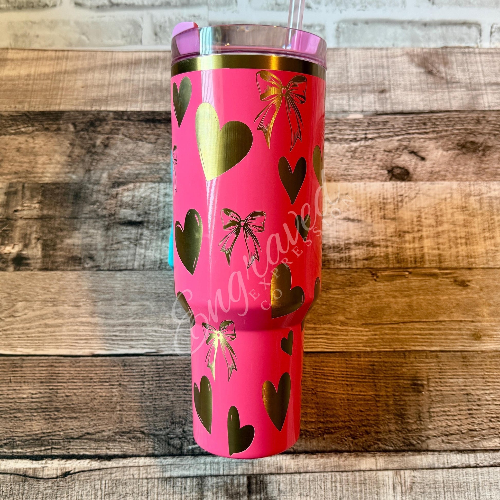 Etched Stanley Pink Parade Tumbler: Bows and Hearts Engraving, EngravedExpressionCo