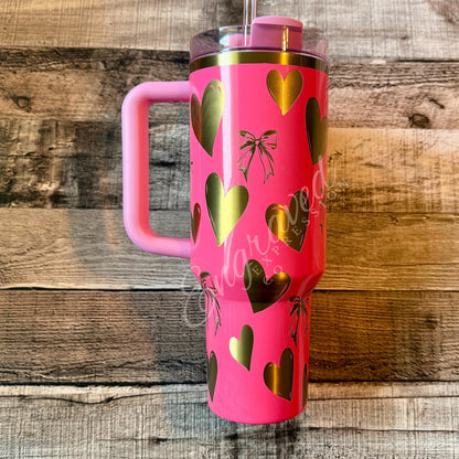 Etched Stanley Pink Parade Tumbler: Bows and Hearts Engraving, EngravedExpressionCo