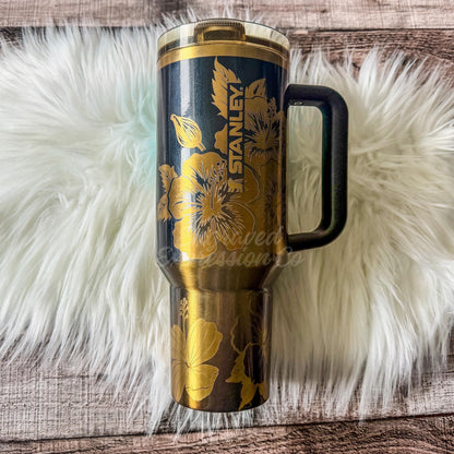 Engraved Black Honey Stanley Tumbler, Hibiscus Stanley Ptotour, Personalized Tropical Floral Stanley Black Honey Cup Collector Gift, EngravedExpressionCo