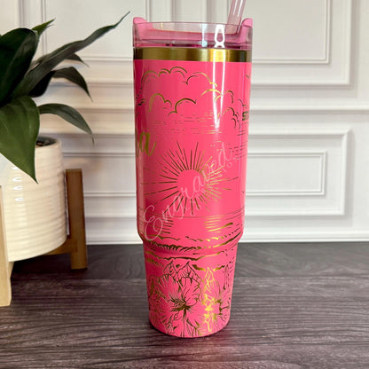 Laser Engraved Stanley Tumbler: Limited Edition Pink Parade Sunset Beach Design, EngravedExpressionCo