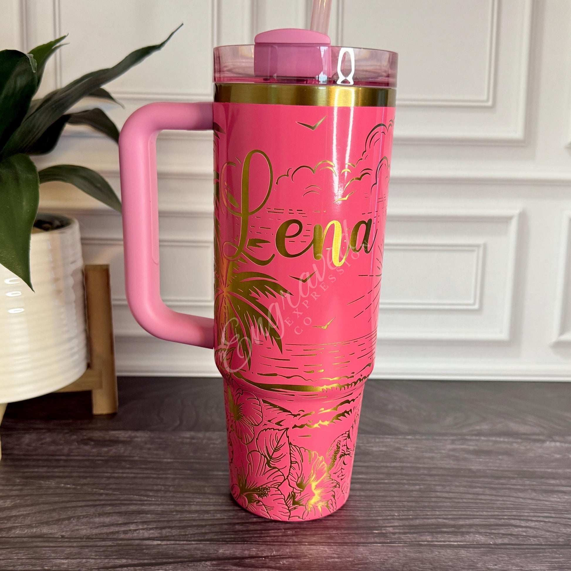 Laser Engraved Stanley Tumbler: Limited Edition Pink Parade Sunset Beach Design, EngravedExpressionCo