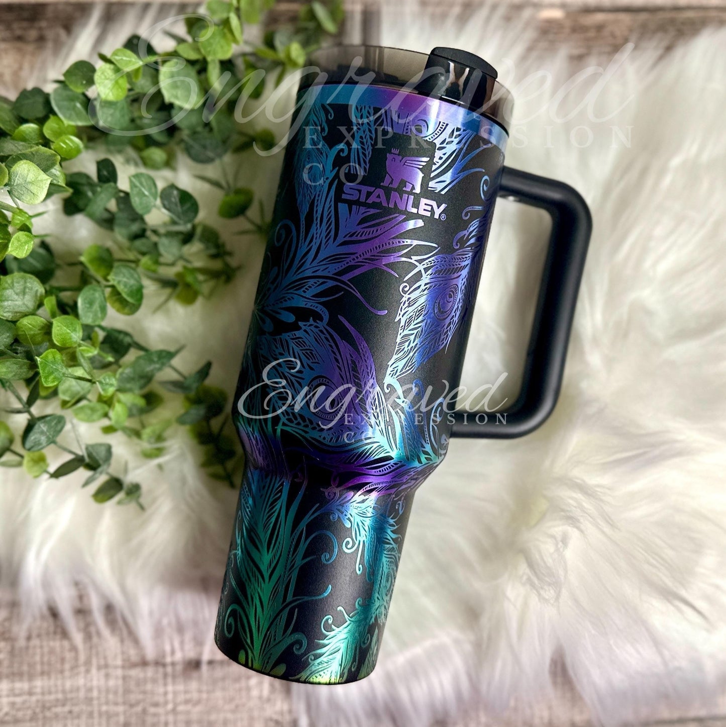 Engraved Stanley Tumbler: Black Chroma Peacock Feather Design, EngravedExpressionCo