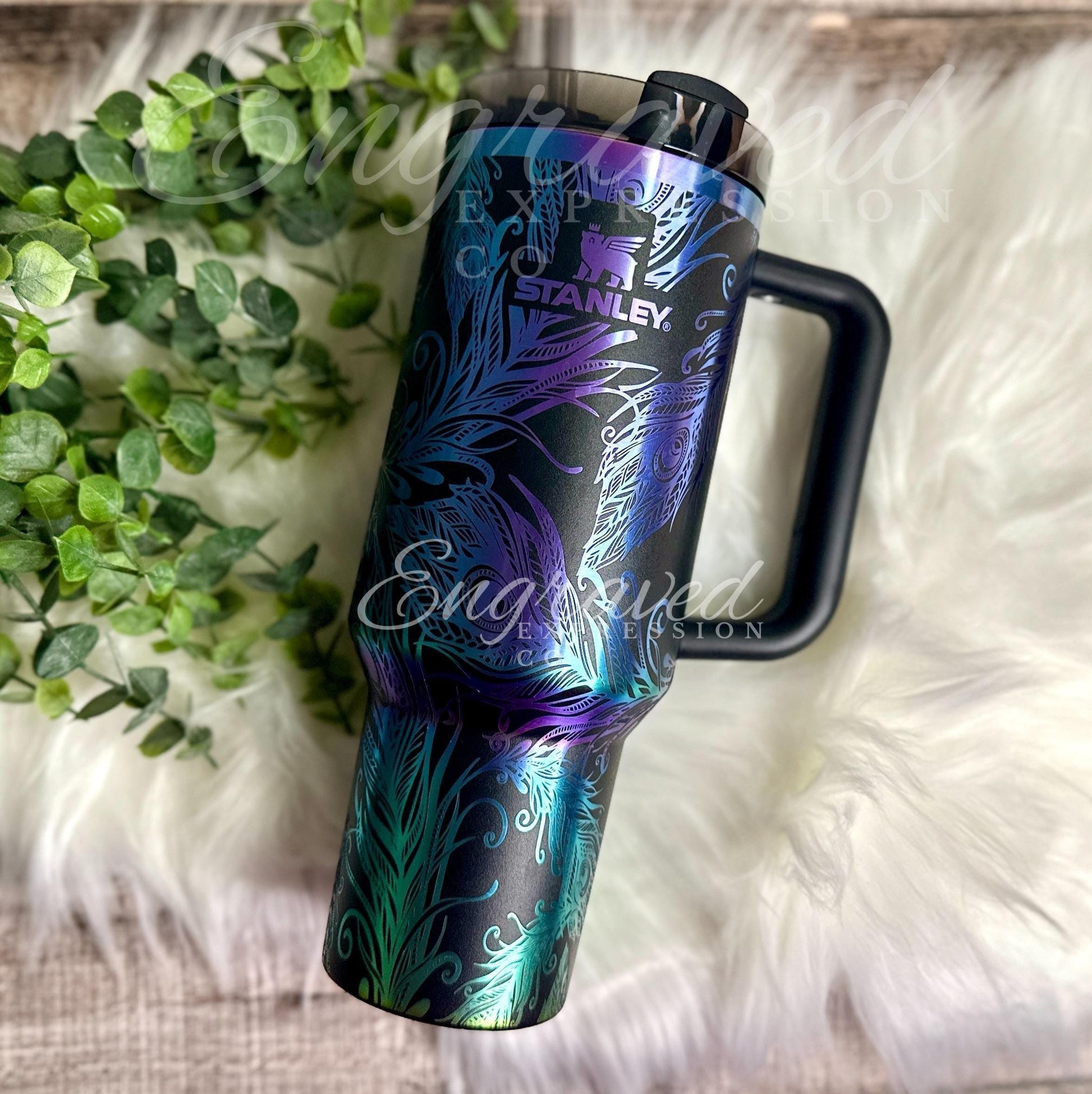 Engraved Stanley Tumbler: Black Chroma Peacock Feather Design, EngravedExpressionCo