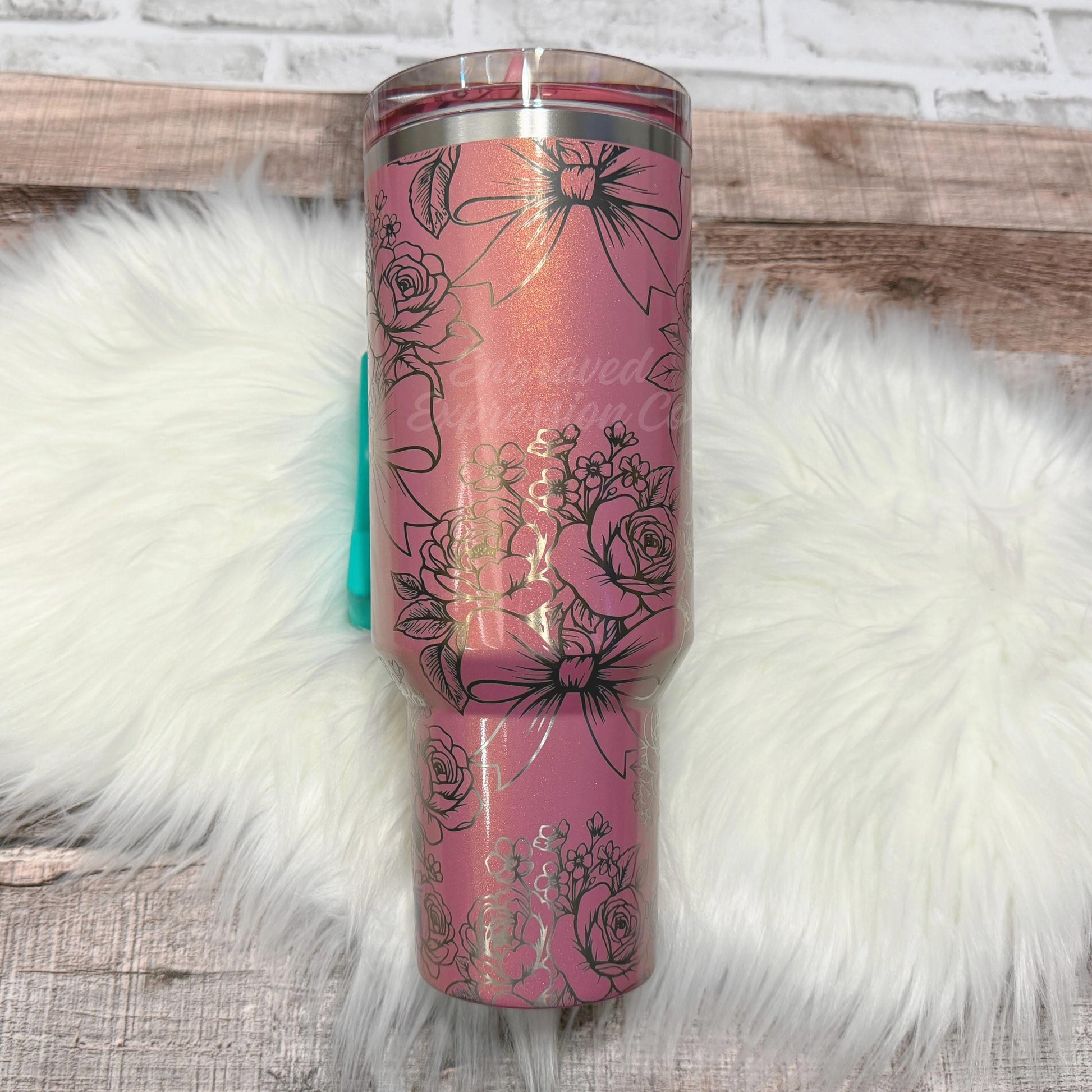 Engraved Stanley Tumbler Port Shimmer, Flower Laser Stanley Protour, Coquette Bow Personalized Stanley Pink Cup, EngravedExpressionCo