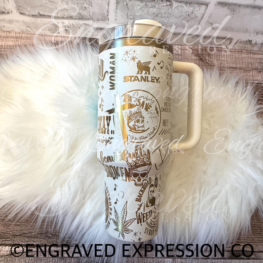 Engraved Stanley Quencher Laser Engraved Stanley Moon Tumbler Gold Engraved Tumbler Etched Unique Design Gift For Music Lover Custom Stanley, EngravedExpressionCo